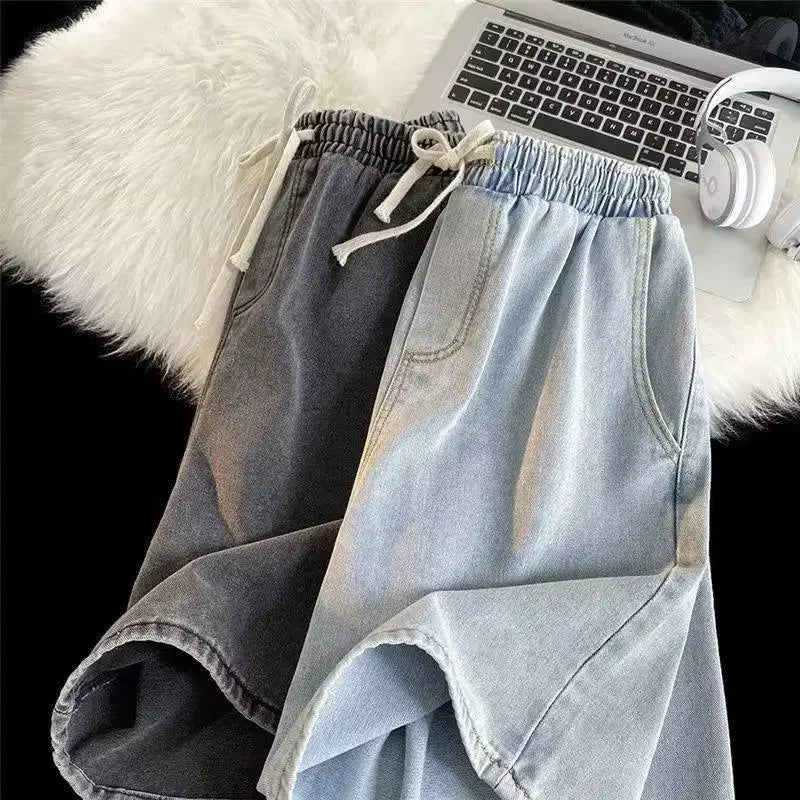 Retro Washed Heavyweight Japanese Style Loose Fit Light Colored Straight Leg Five Inch Jeans Shorts Elastic Waist Mid Rise