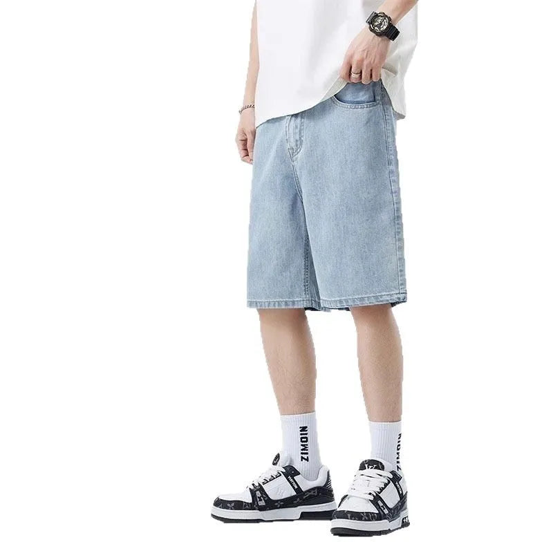 2025 new summer shorts jeans men's elastic deep blue fashionable design jeans slim fit straight leg men's short denim