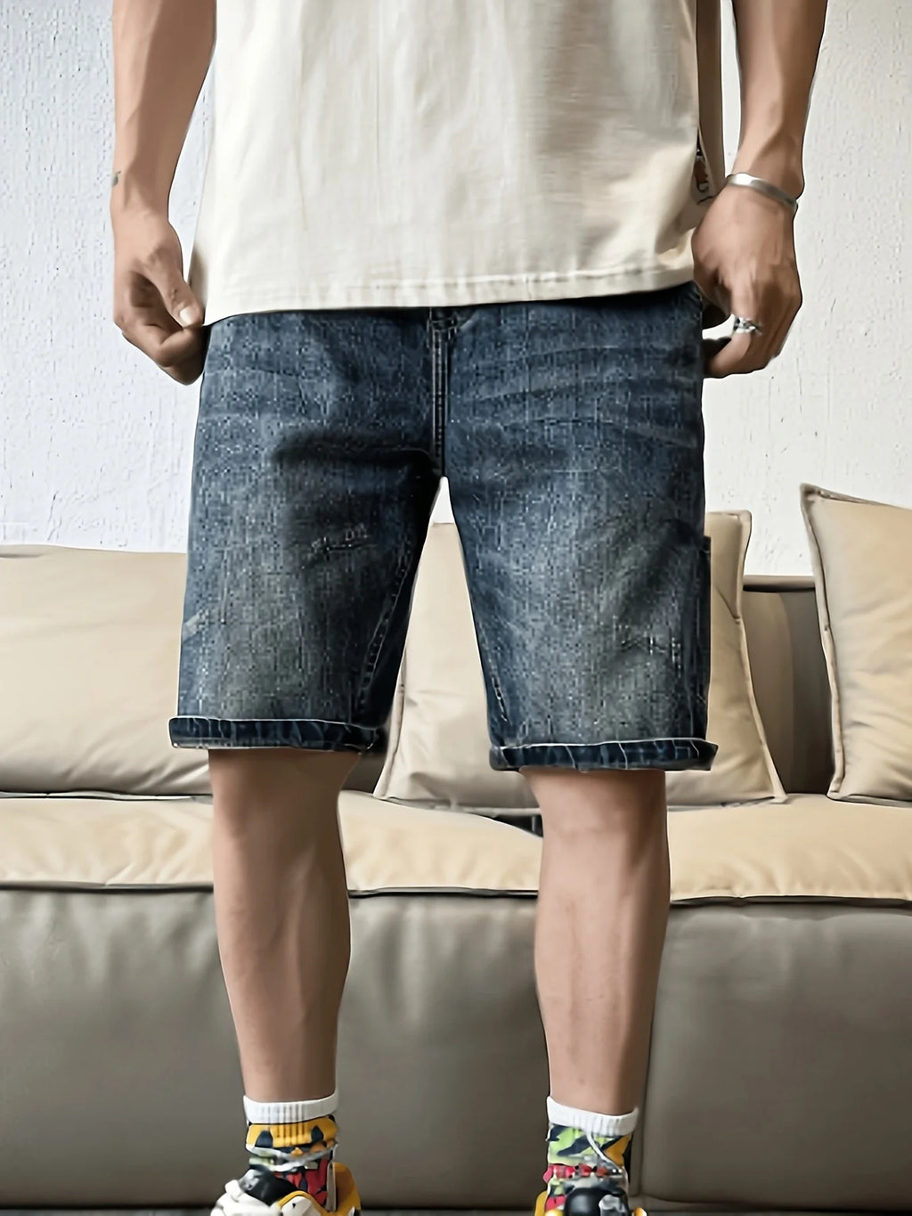 Men's Micro-elastic Summer Zipper Trend, Ripped Mid-waist Five-point, Youthful And Popular Straight Washed Denim Shorts