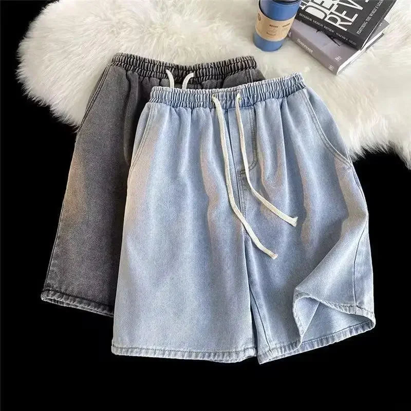 Retro Washed Heavyweight Japanese Style Loose Fit Light Colored Straight Leg Five Inch Jeans Shorts Elastic Waist Mid Rise