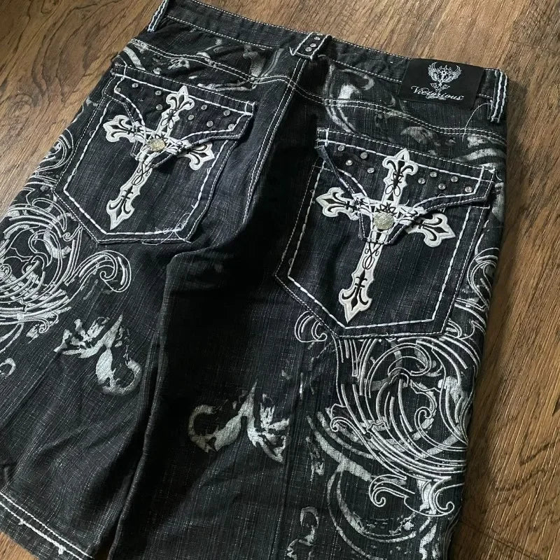 Y2K Fashion New Oversize Embroidery Loose Denim Shorts Men Gothic Punk Hip Hop Fashion Casual Joker Couple Basketball Pants