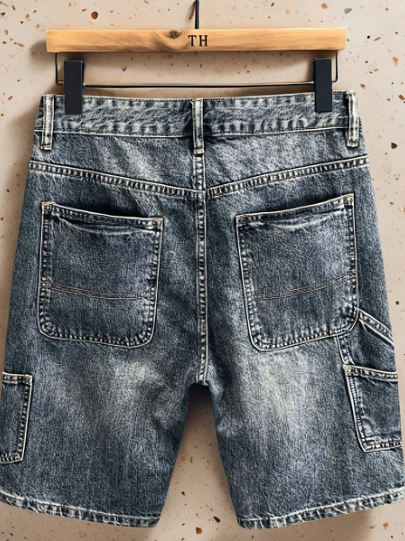 Men's Micro-elastic Summer Zipper Trend, Ripped Mid-waist Five-point, Youthful And Popular Straight Washed Denim Shorts