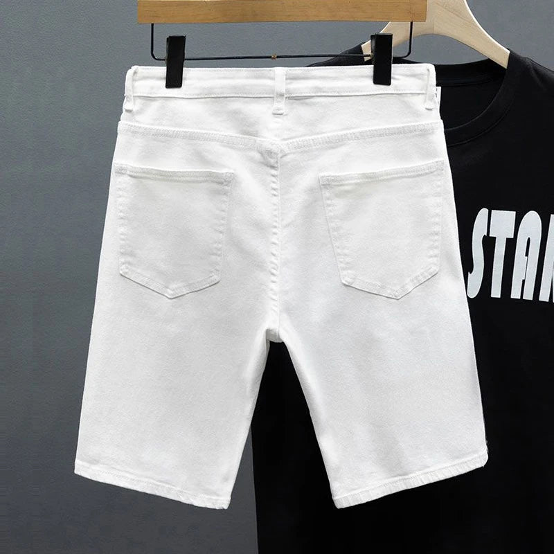 Soft Elastic White Men's Denim Shorts Summer Straight Fit Basic Solid Color Knee-length Short Jeans Korean Fashion Clothes