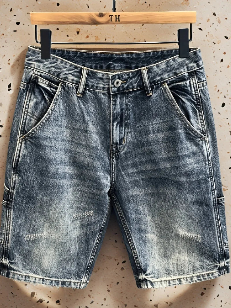 Men's Micro-elastic Summer Zipper Trend, Ripped Mid-waist Five-point, Youthful And Popular Straight Washed Denim Shorts
