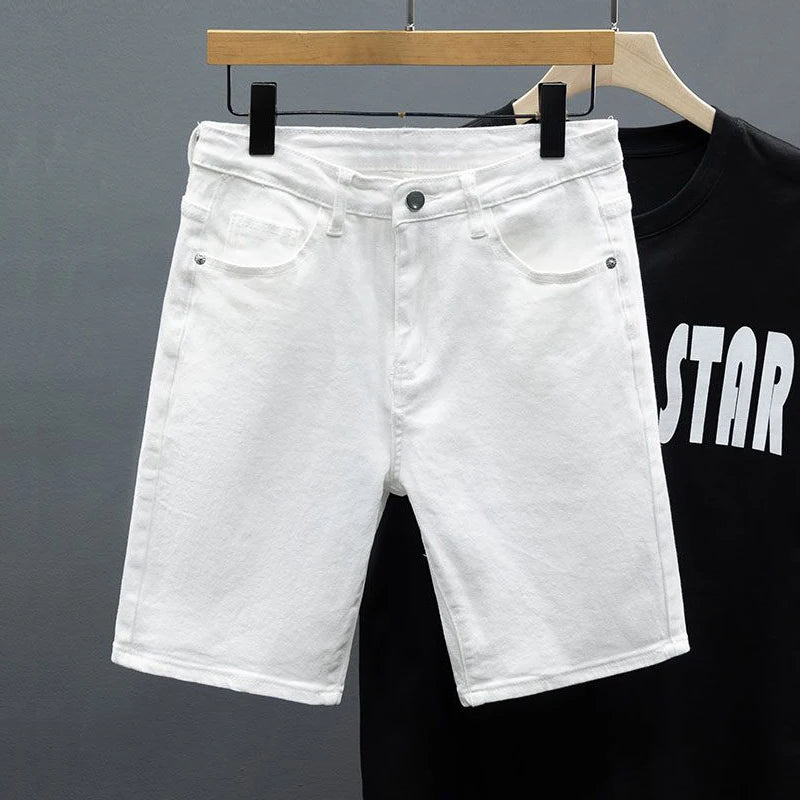Soft Elastic White Men's Denim Shorts Summer Straight Fit Basic Solid Color Knee-length Short Jeans Korean Fashion Clothes
