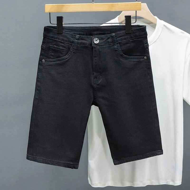 Soft Elastic White Men's Denim Shorts Summer Straight Fit Basic Solid Color Knee-length Short Jeans Korean Fashion Clothes
