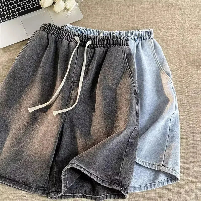 Retro Washed Heavyweight Japanese Style Loose Fit Light Colored Straight Leg Five Inch Jeans Shorts Elastic Waist Mid Rise